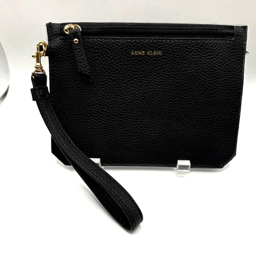 Anne Klein Black Pebbled Wristlet Clutch Bag Gold Logo Zip Top Pouch Womens